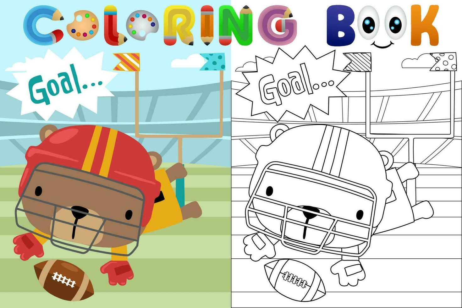 Vector cartoon illustration, little bear playing rugby in rugby stadium, coloring book or page