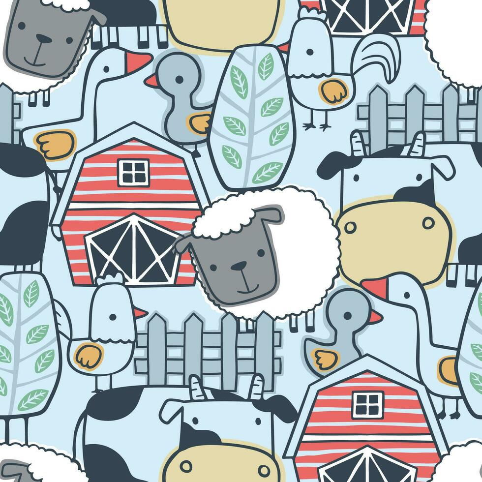 Seamless pattern vector of farm animals cartoon with barn