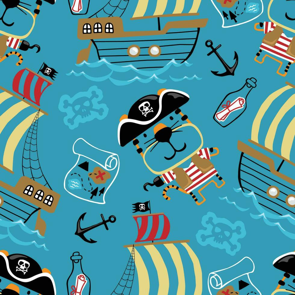 Vector seamless pattern of cute tiger in pirate costume with pirate sailing elements