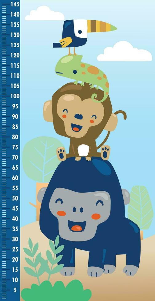 Vector illustration of height measurement wall with funny animals cartoon