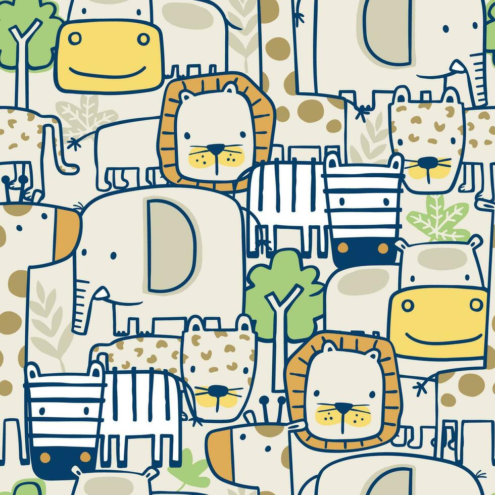 Seamless pattern vector of wildlife animals cartoon in contour art concept