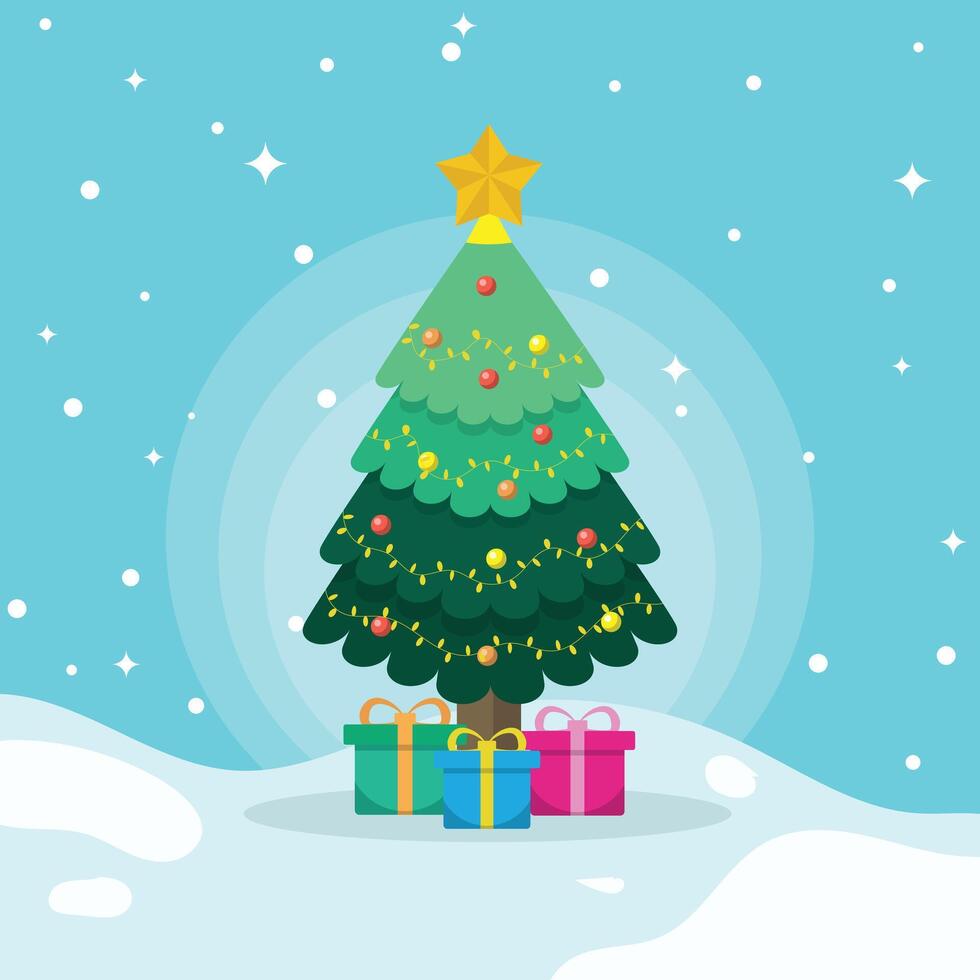 Christmas tree with star and gift box. Merry Christmas and Happy New Year. vector