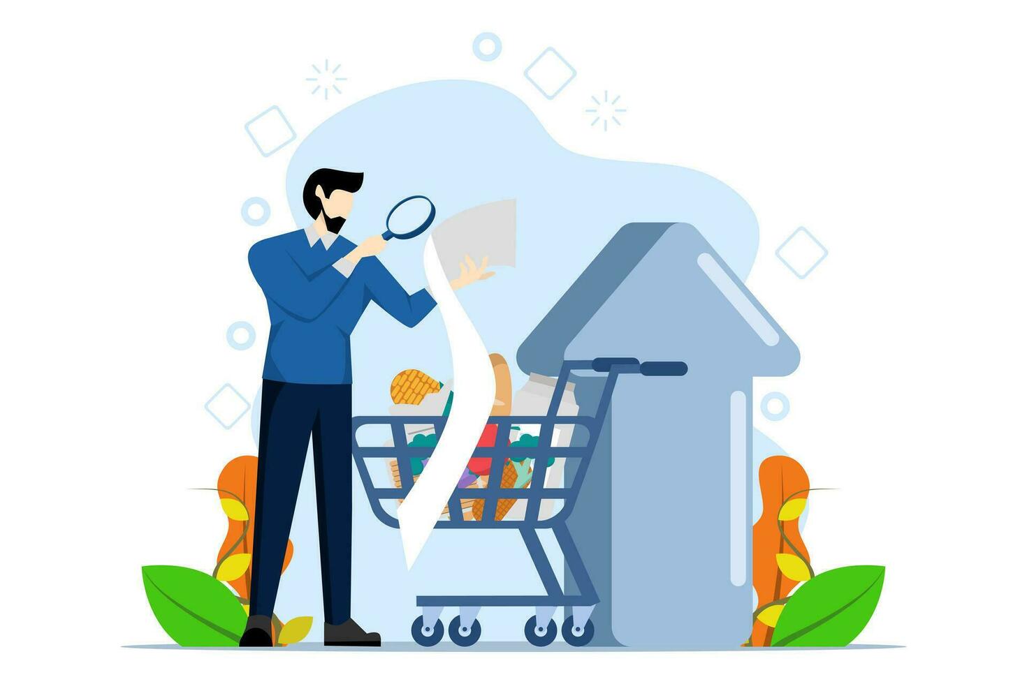 inflation concept. Consumer price index growth and financial crisis concept. The character buys food at the supermarket and is worried about rising food prices. Flat vector illustration.