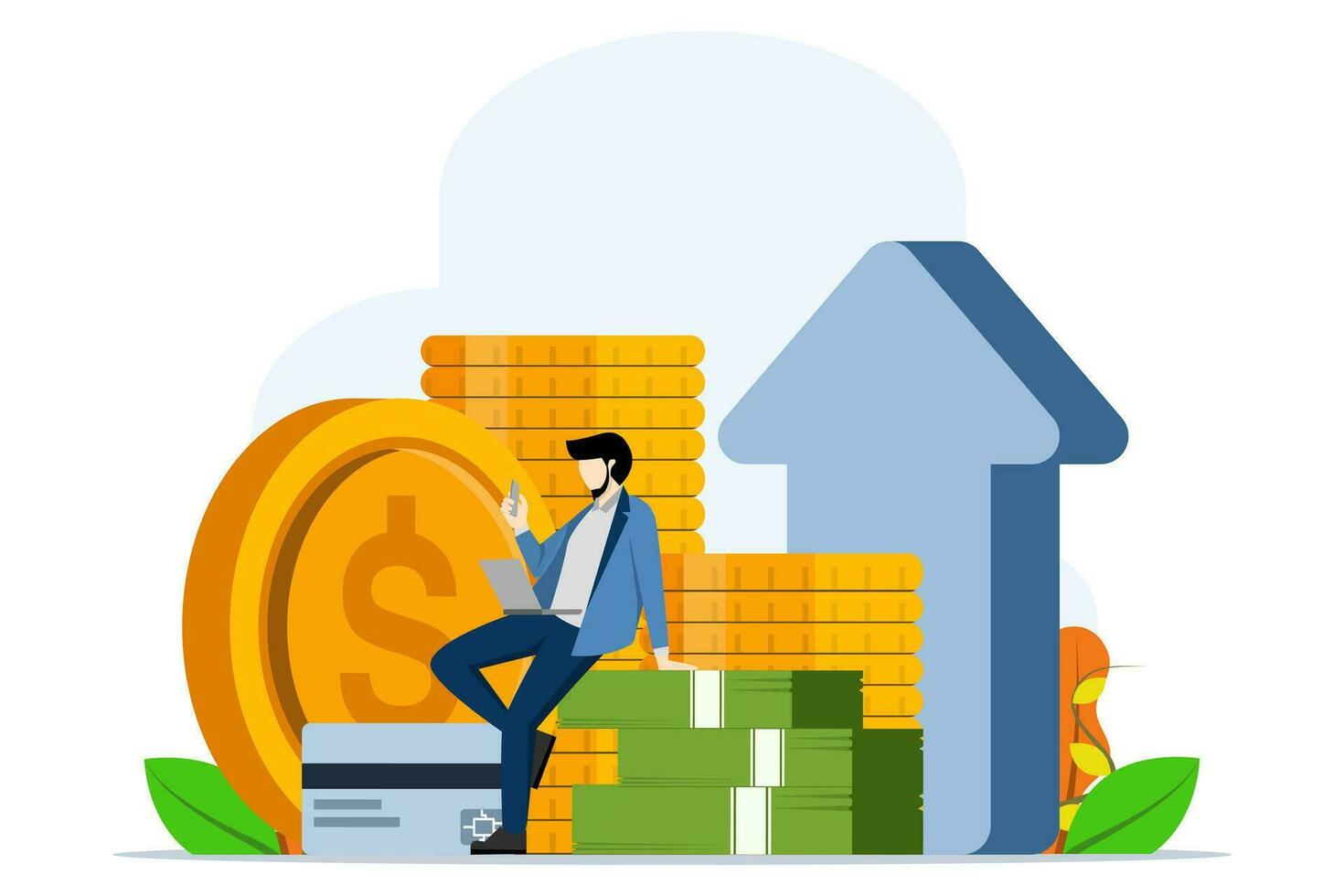 Character keeping cash, Positive businessman sitting relaxed in wallet with money and debit card. Earn, save and invest money concept. flat vector illustration on white background.