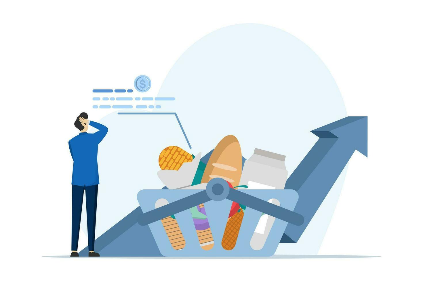 inflation concept. Consumer price index growth and financial crisis concept. The character buys food at the supermarket and is worried about rising food prices. Flat vector illustration.