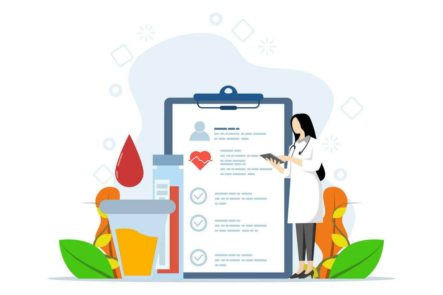 medical test concept. Health care and medicine concept. The laboratory doctor or chemist tests the patient's urine and blood samples. Flat vector illustration on white background.