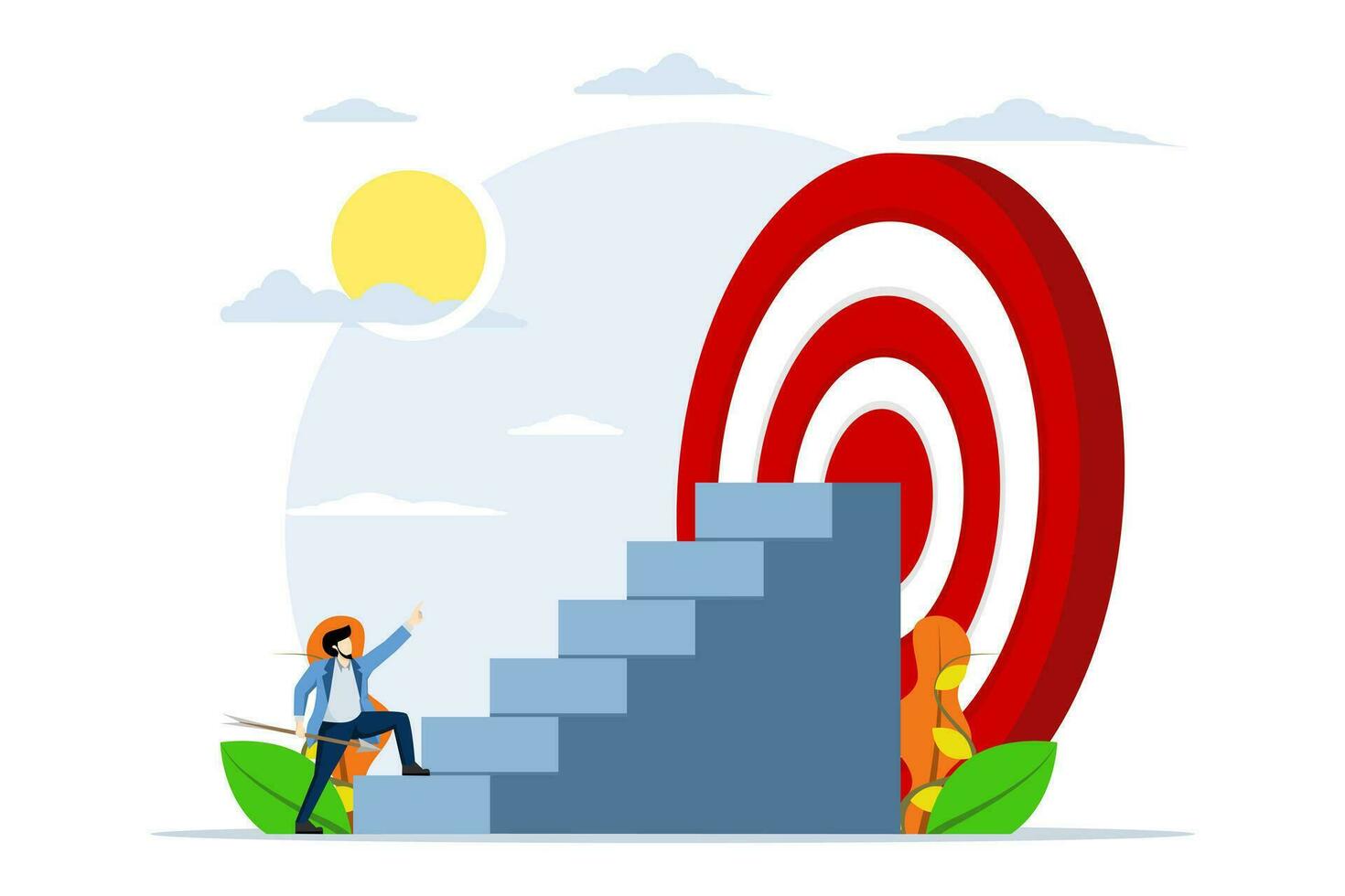 the concept of a highly targeted strategy to achieve goals or career success journey in business. imagine a businessman holding a large arrow to climb the ladder to the target. Aim for the mission vector