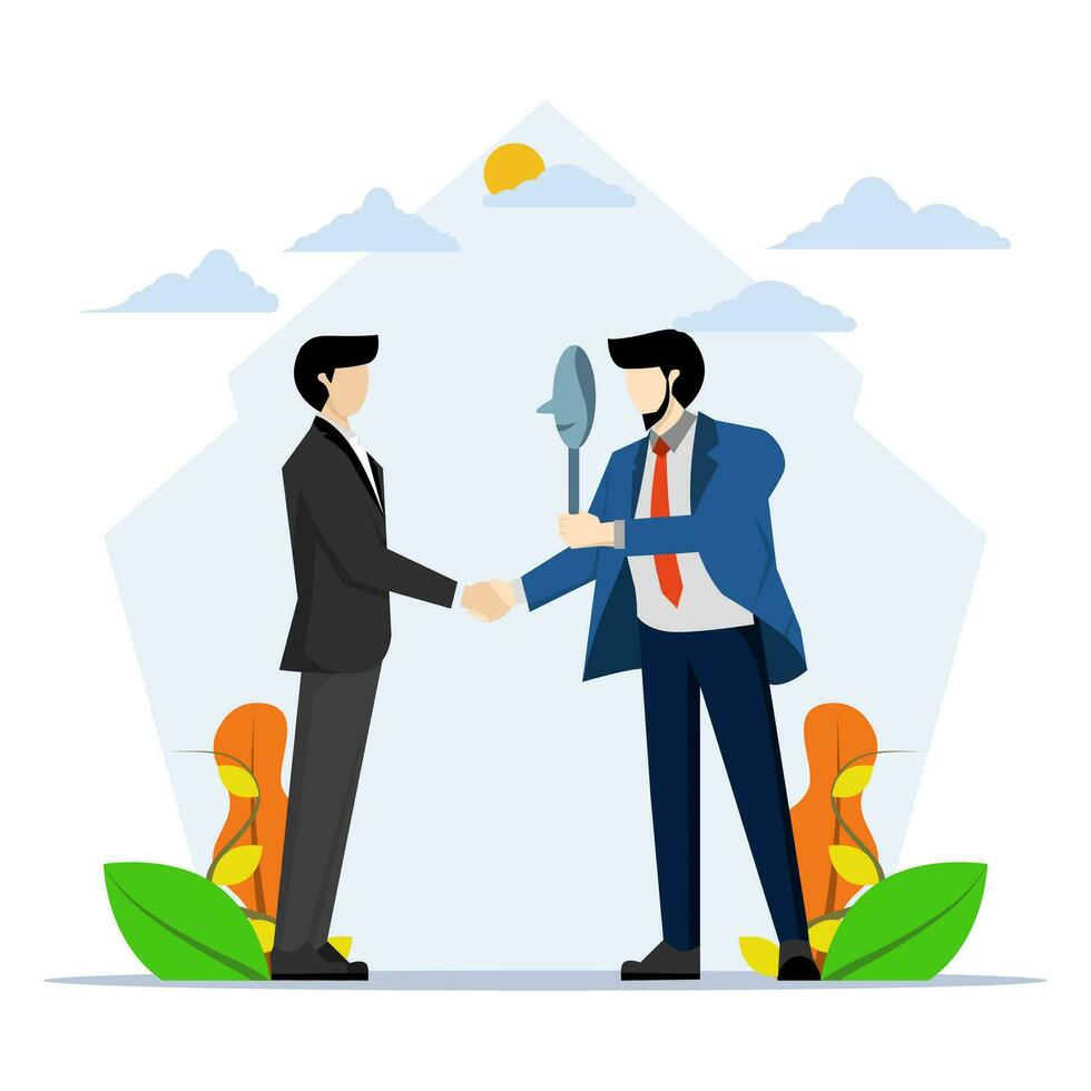 concept of dishonest or false agreement, deception or suspicion, betrayal, hidden threat ready to stab in the back. businessman shaking hands with one of the masks to hide his true thoughts. vector