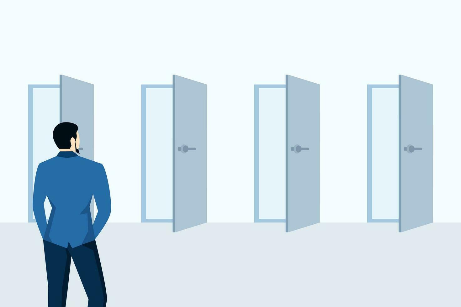 Concept of choosing options, businessman thinking to choose the right door. alternatives, deciding on a new job path or choosing an important opportunity, making decisions about career opportunities. vector