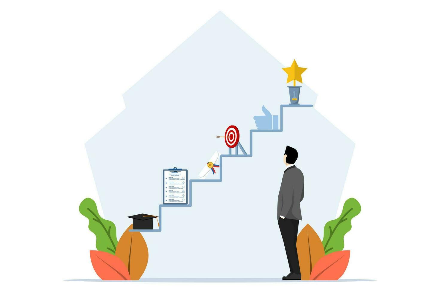 Career planning concept. business people looking at the stairs to the goal. Leader sees the future, motivation. Young employees who are professional and hardworking. Entrepreneurs will achieve goals. vector