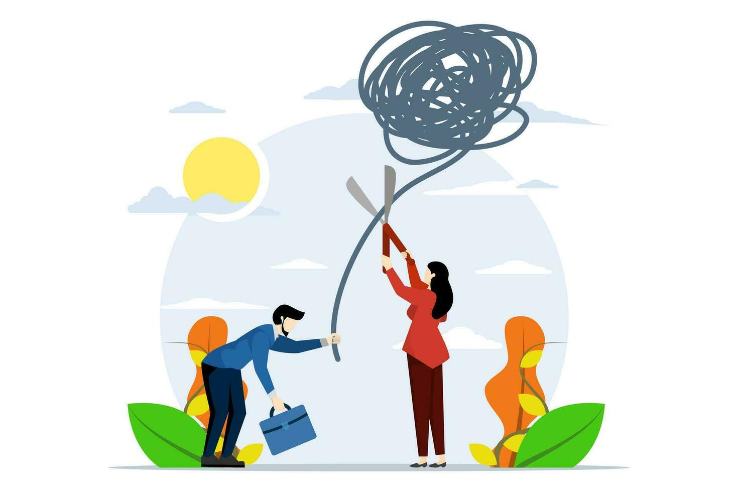 Psychologist uses scissors to cut messy balloons on patient. anxiety or stress, psychotherapy to cure mental health problems or depression, relaxation or relief to heal. flat vector illustration.