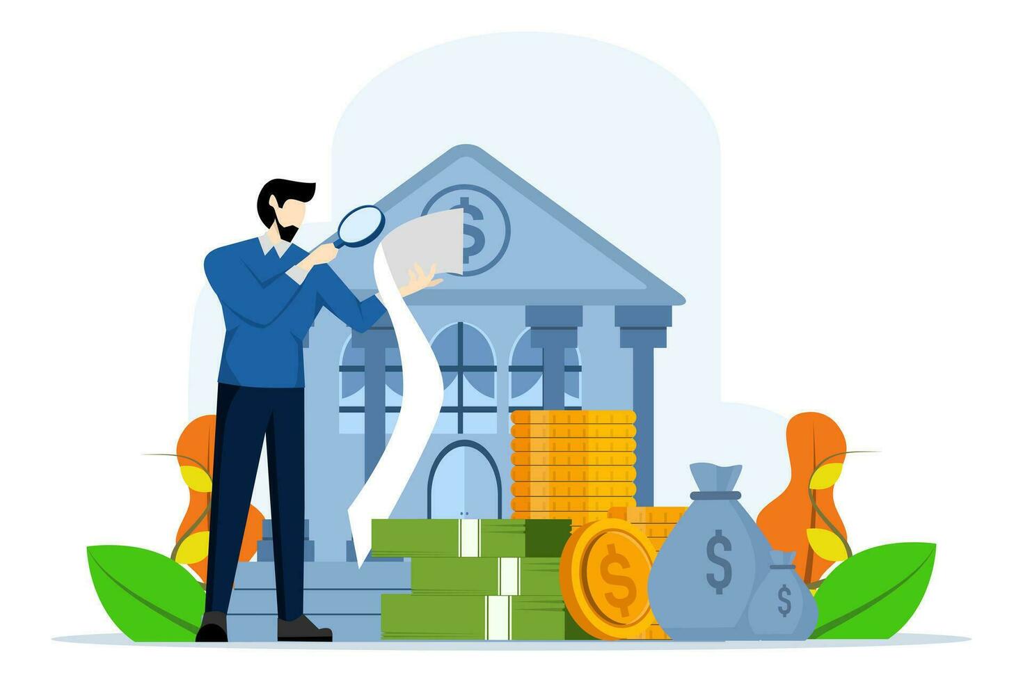 financial management concept. Characters counting money for savings, analyzing public finances, concept of saving money in bank. Financial audit concept. Flat vector illustration on white background.