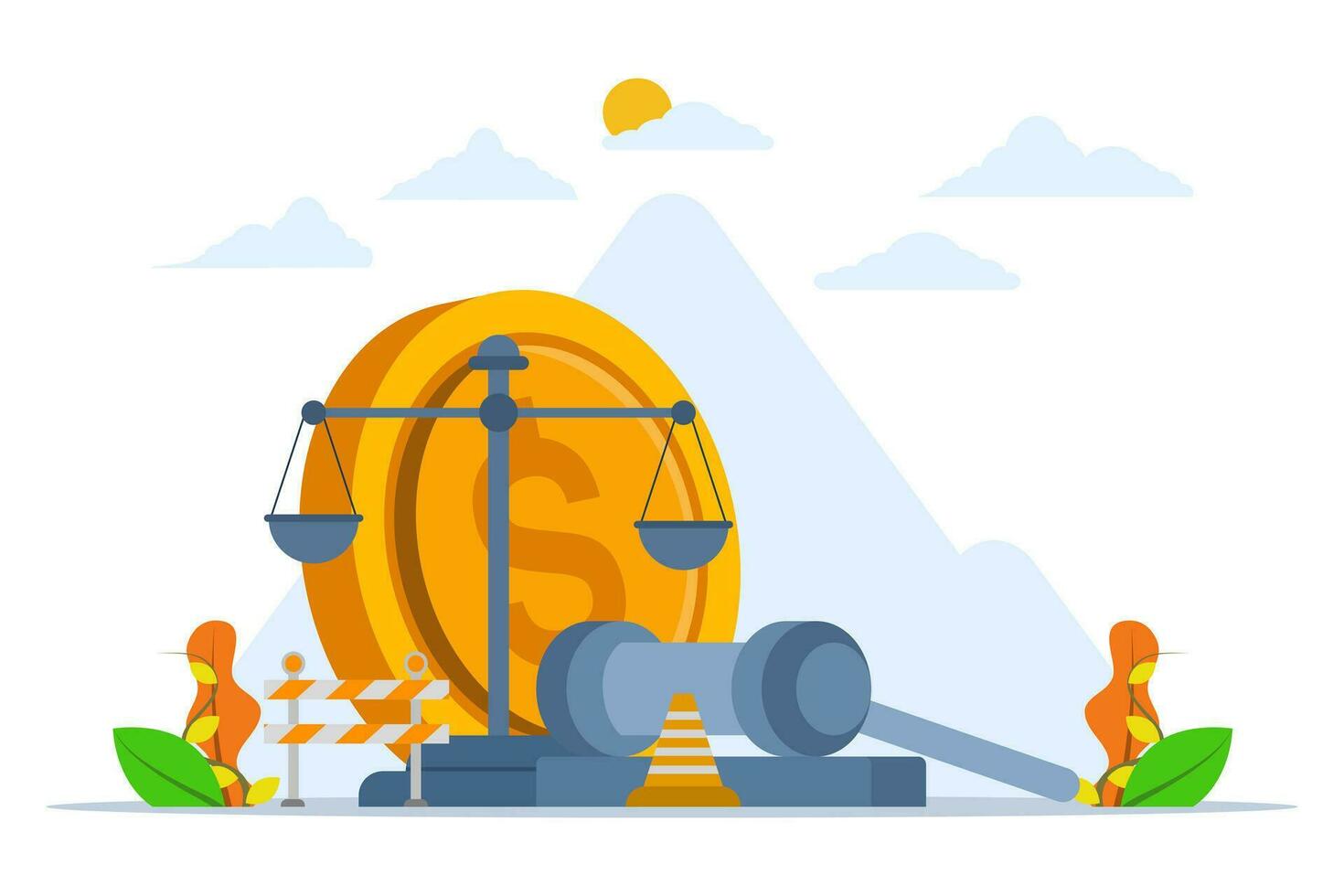 legal or law concept to compensate payment, hammer of justice with dollar bill symbol and accident pole. Workers' compensation, wage replacement insurance, employee injury benefits. flat vector. vector