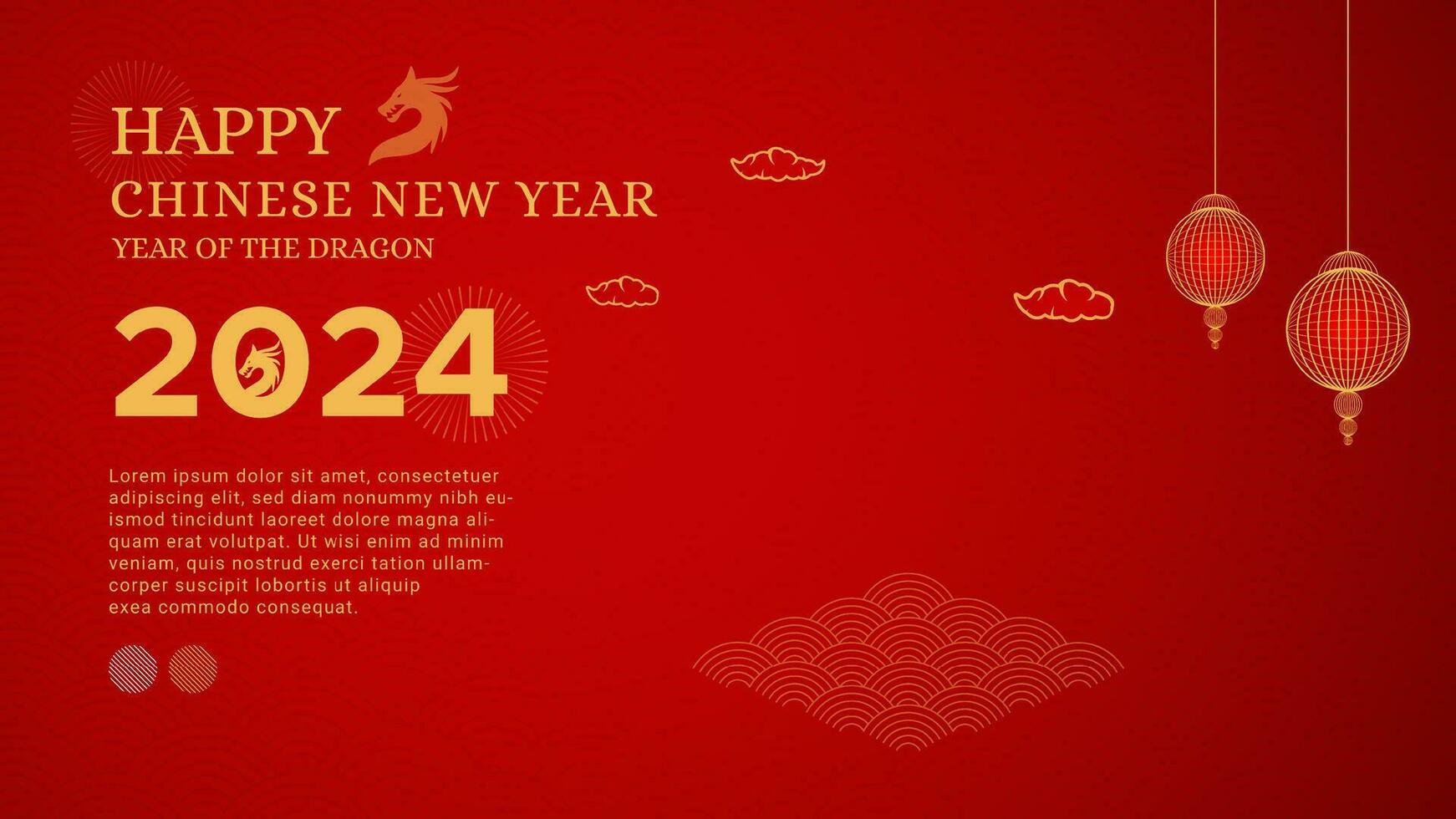 Happy Chinese New Year of The Dragon Red Background Design With Chinese Lanterns and Pattern vector