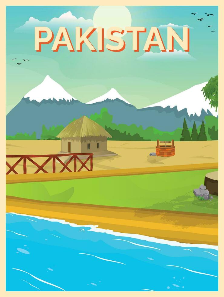 Vector illustration of countryside pakistan village cartoon background poster, card, template of green meadows and surrounded by trees and mountains