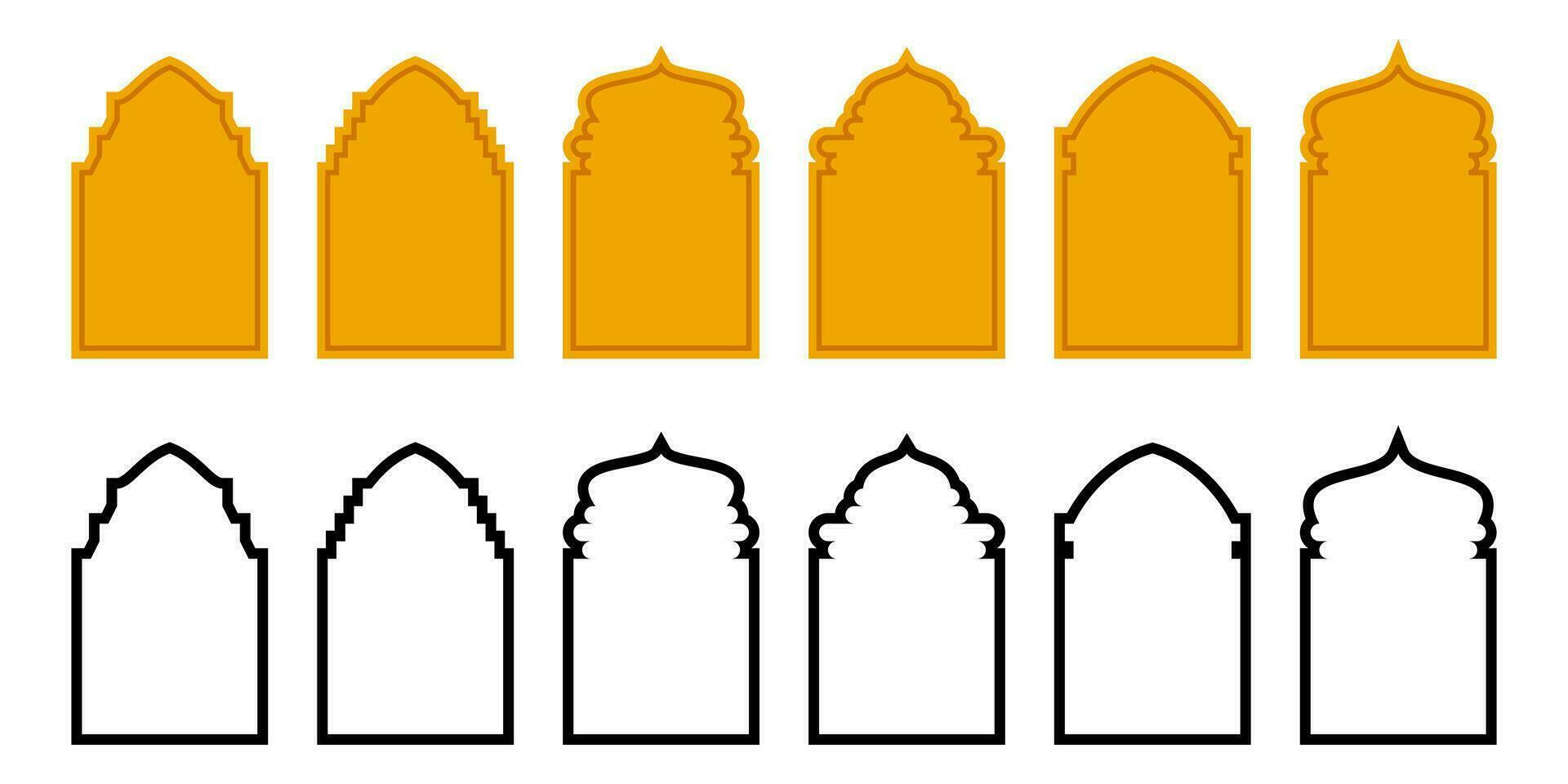 Set of islamic style illustrations of silhouettes and lines. Stylish design of doors, windows, domes, mosques, lanterns, vector for islamic holidays.