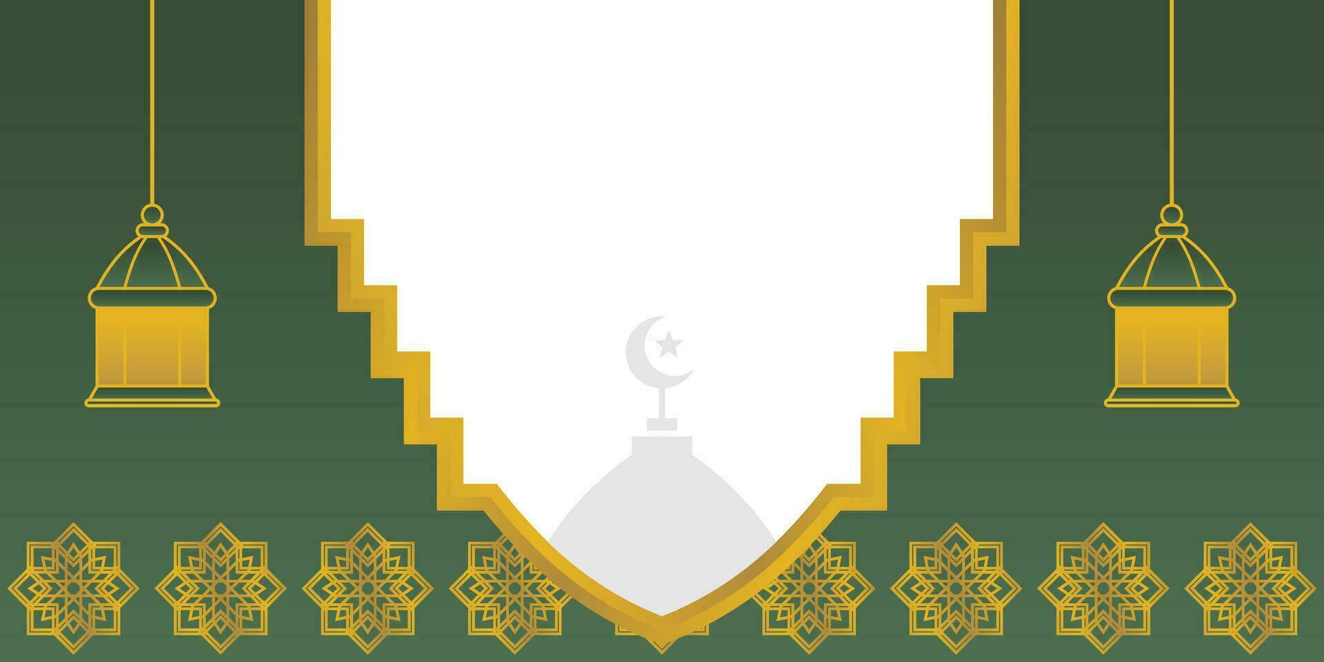 Green Islamic background, with lantern ornaments, mandala and mosque silhouette. vector template for banner, greeting card for Islamic holidays, eid al-fitr, ramadan, eid al-adha