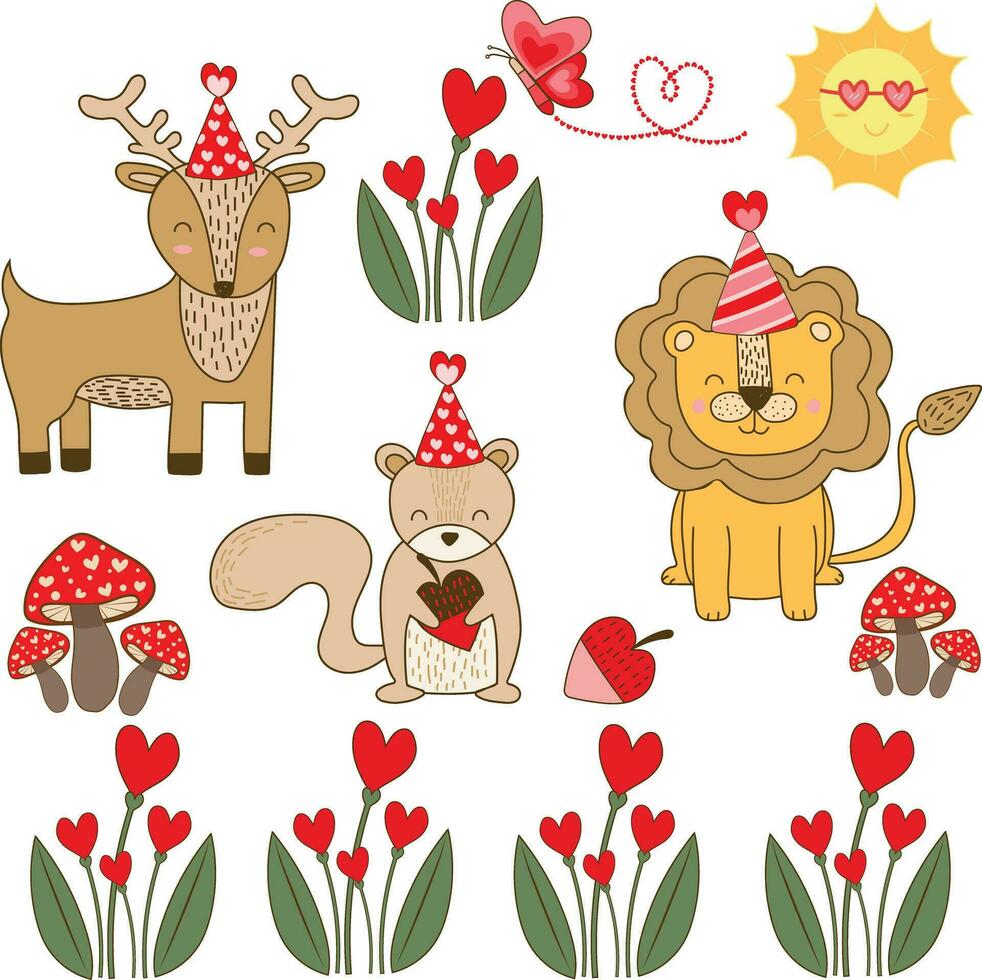 wild heart with cute deer lion and squirrel hand draw vector