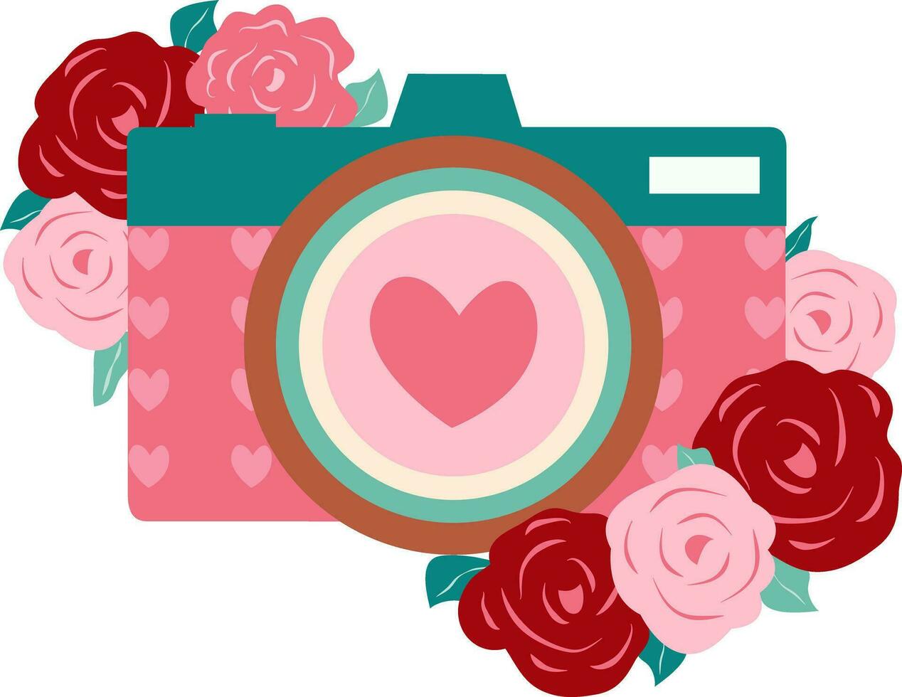 heart camera with rose bouquet vector illustration