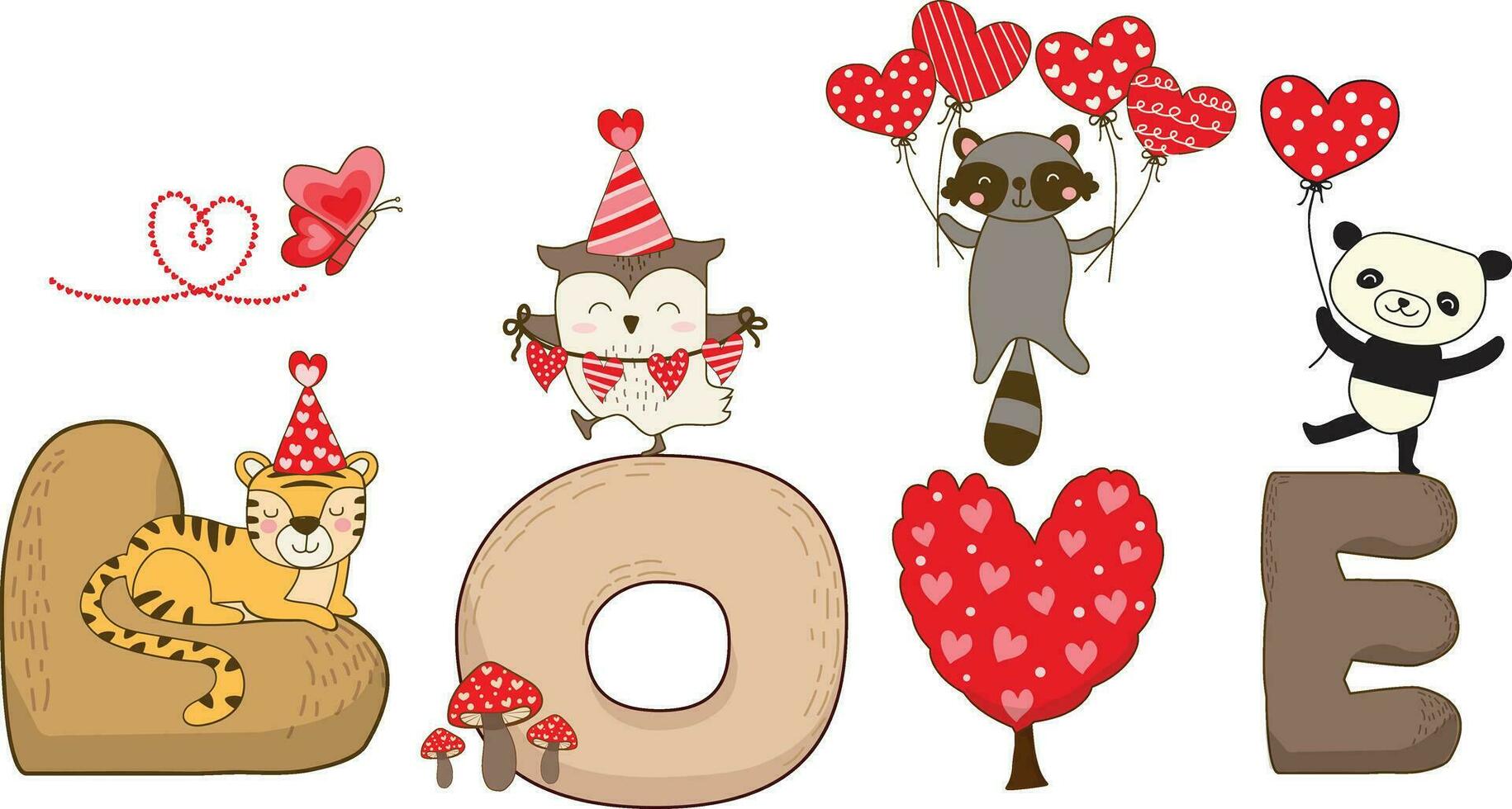 woodland valentine heart alphabet with cute animals hand darw vector illustration