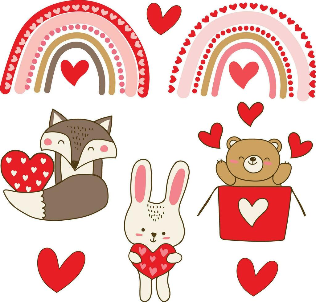 cute animals with heart and rainbows hand draw vector