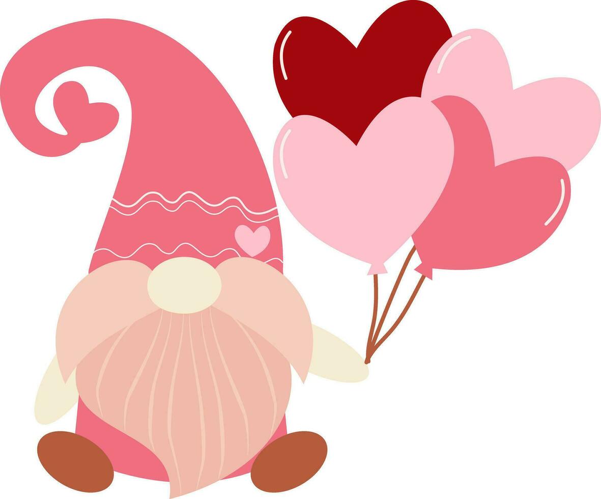 pink cute gnome holding heart balloons bouquet vector