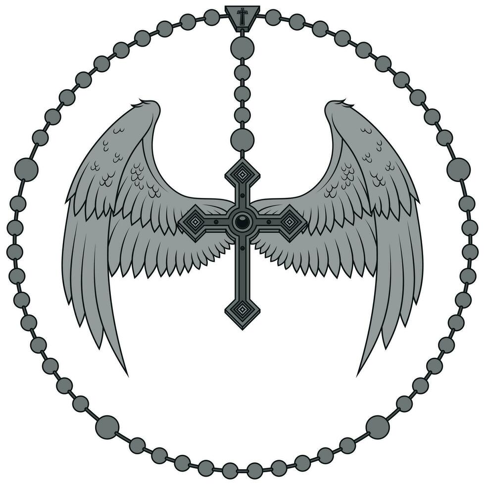 Winged cross with Christian rosary vector