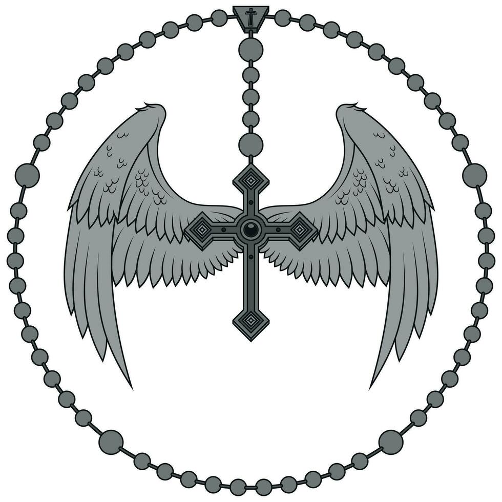 Winged cross with Christian rosary vector