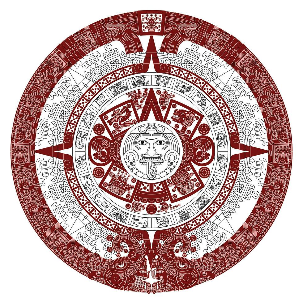 Vector design of Aztec calendar, monolithic disk of the ancient Mexica, sun stone of the Aztec civilization