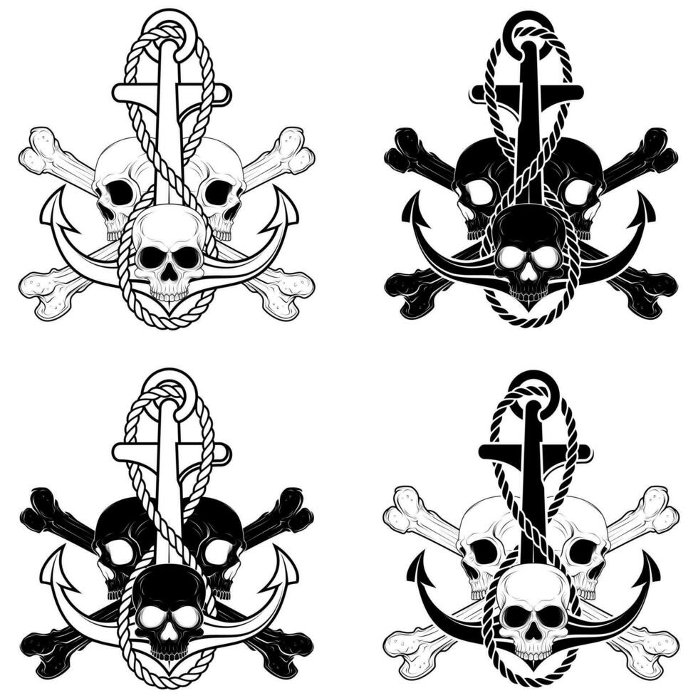 Vector illustration of skulls with an anchor with rope and bones, all on dark background, easy to edit