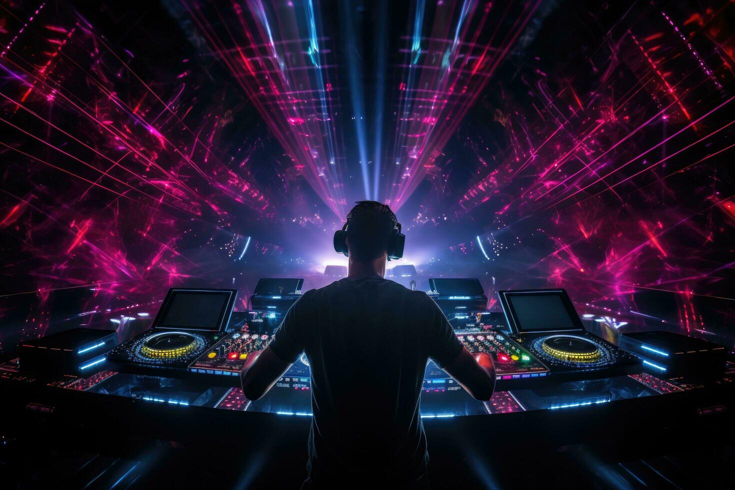 AI generated Dj mixes the track in the nightclub with colorful lights and smoke, DJ mixing tracks on a booth in a nightclub with colorful lasers show, AI Generated photo