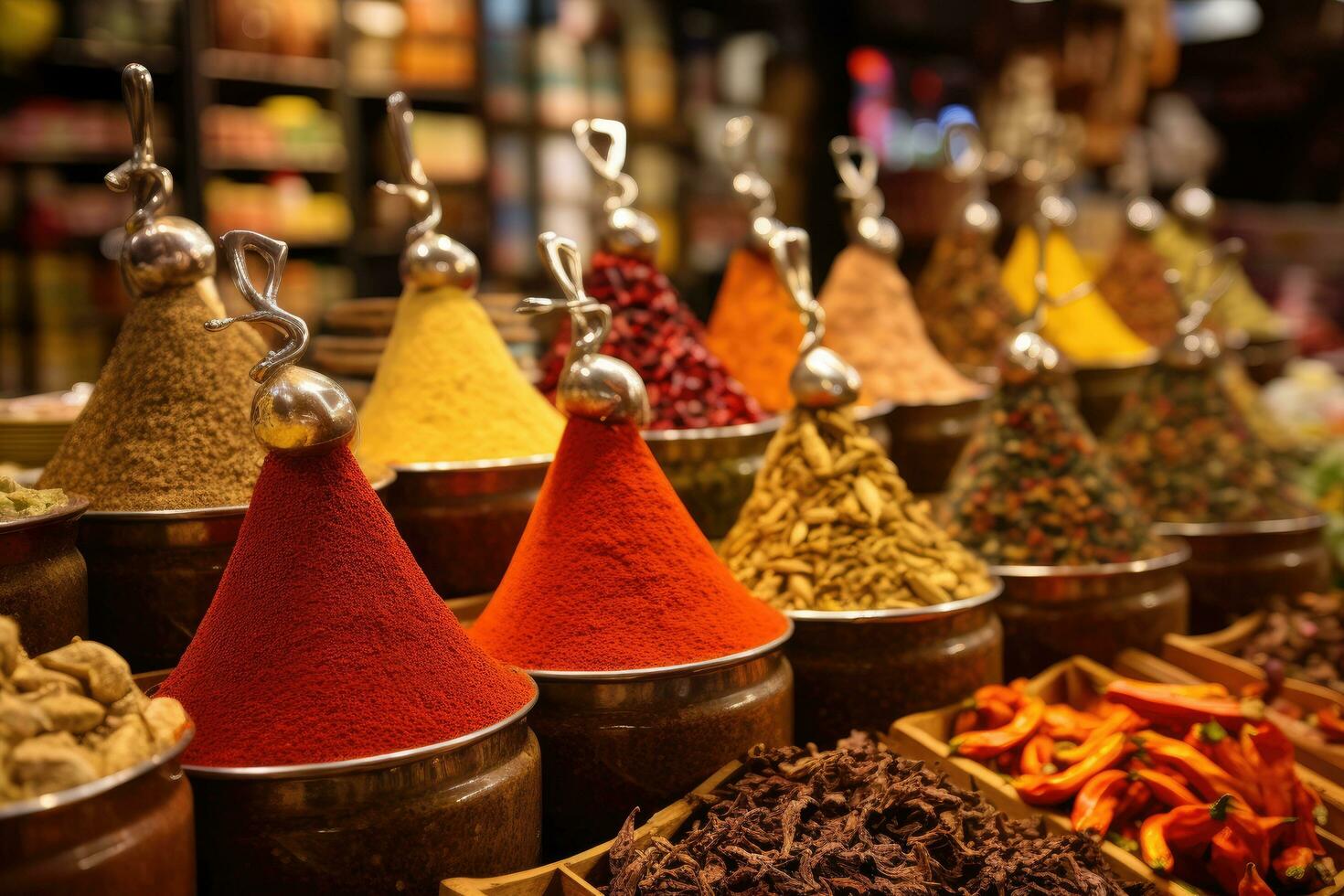 AI generated Spices on the bazaar in Istanbul, Turkey. Selective focus, Egyptian Bazaar in Istanbul offers a wide selection of ready to sell spice varieties, AI Generated photo