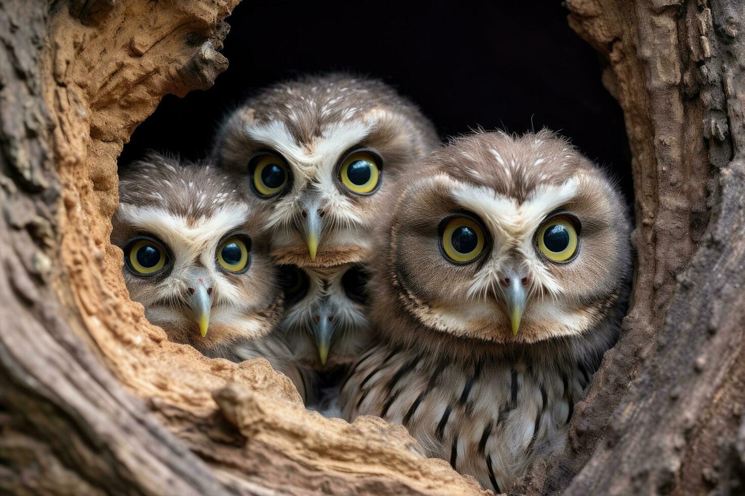 ai generado pequeño búhos en un nido, de cerca, selectivo enfocar, un familia de búhos mirando fuera desde su árbol hueco, ai generado foto