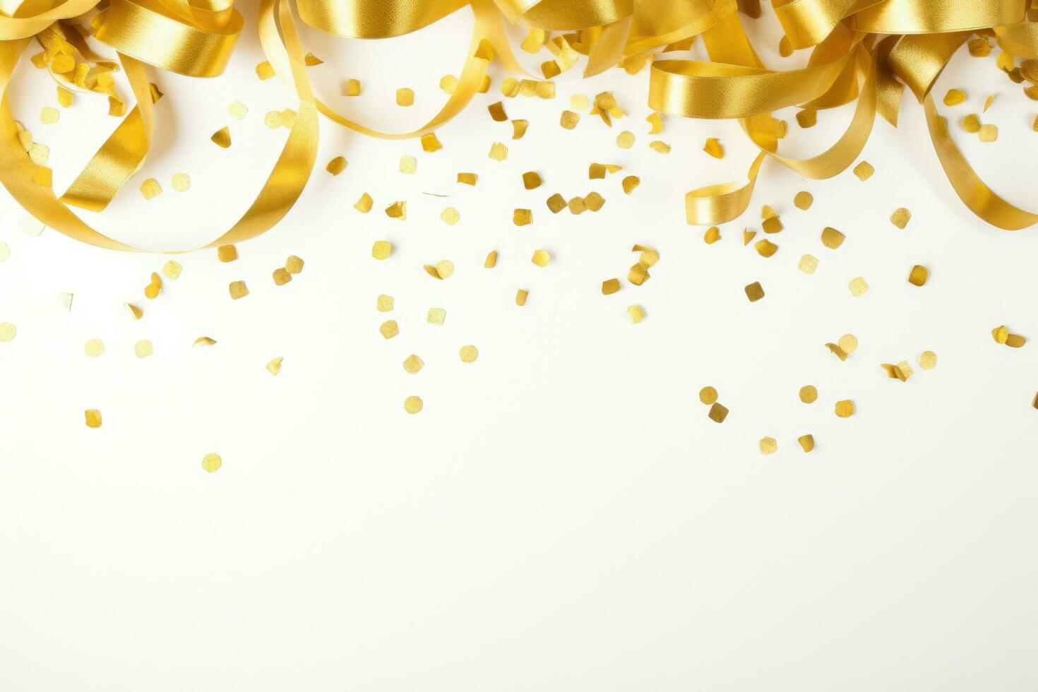 AI generated Golden confetti and ribbons on white background, flat lay. Space for text, Golden confetti and ribbons on a white background, forming a festive backdrop, AI Generated photo