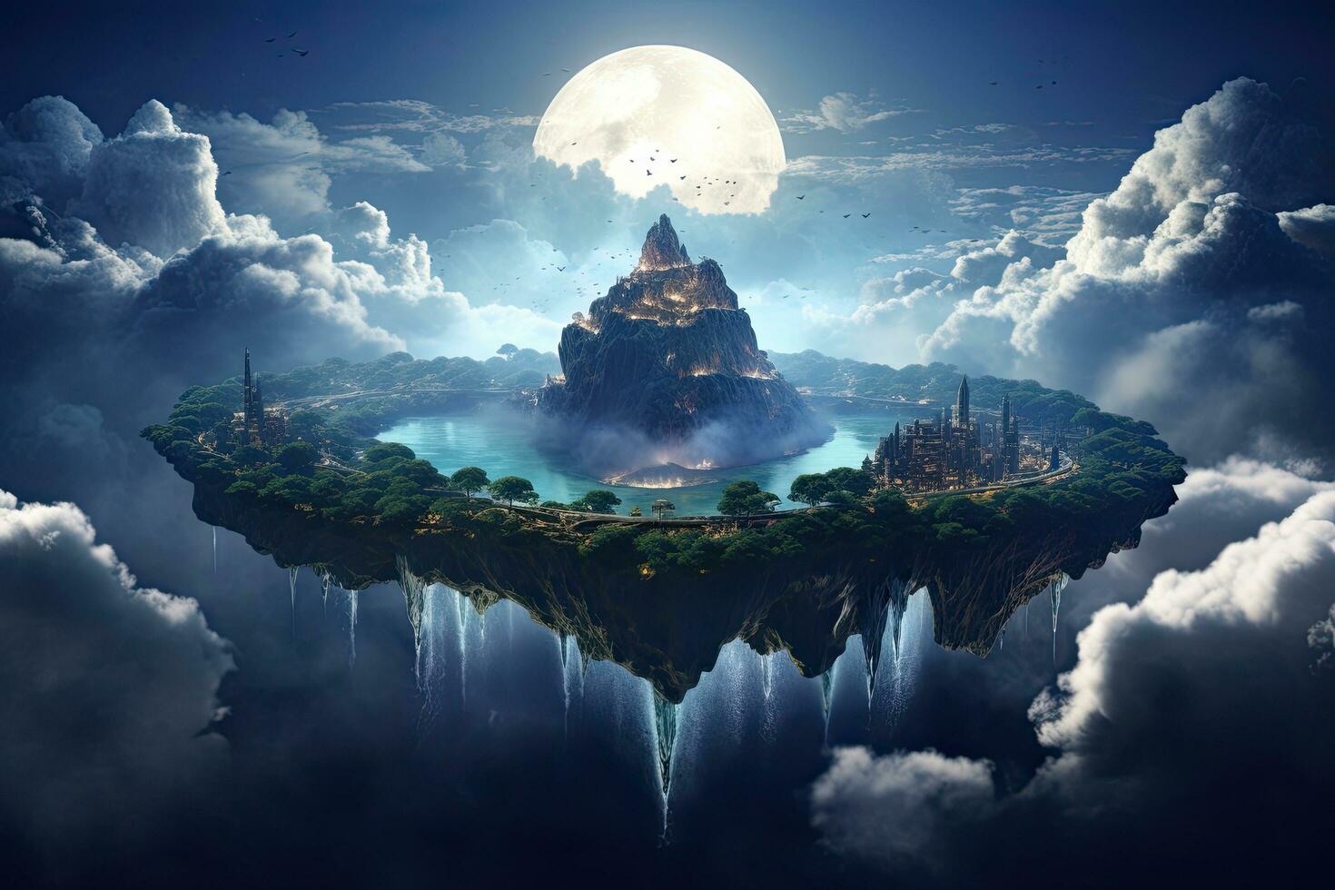 AI generated Fantasy Landscape with mountain and temple. 3D Rendering, AI Generated photo