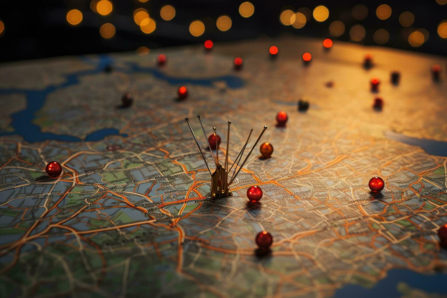AI generated Map of the world with pins on a dark background. Selective focus, Find your way, Location marking with a pin on a map with routes, AI Generated photo