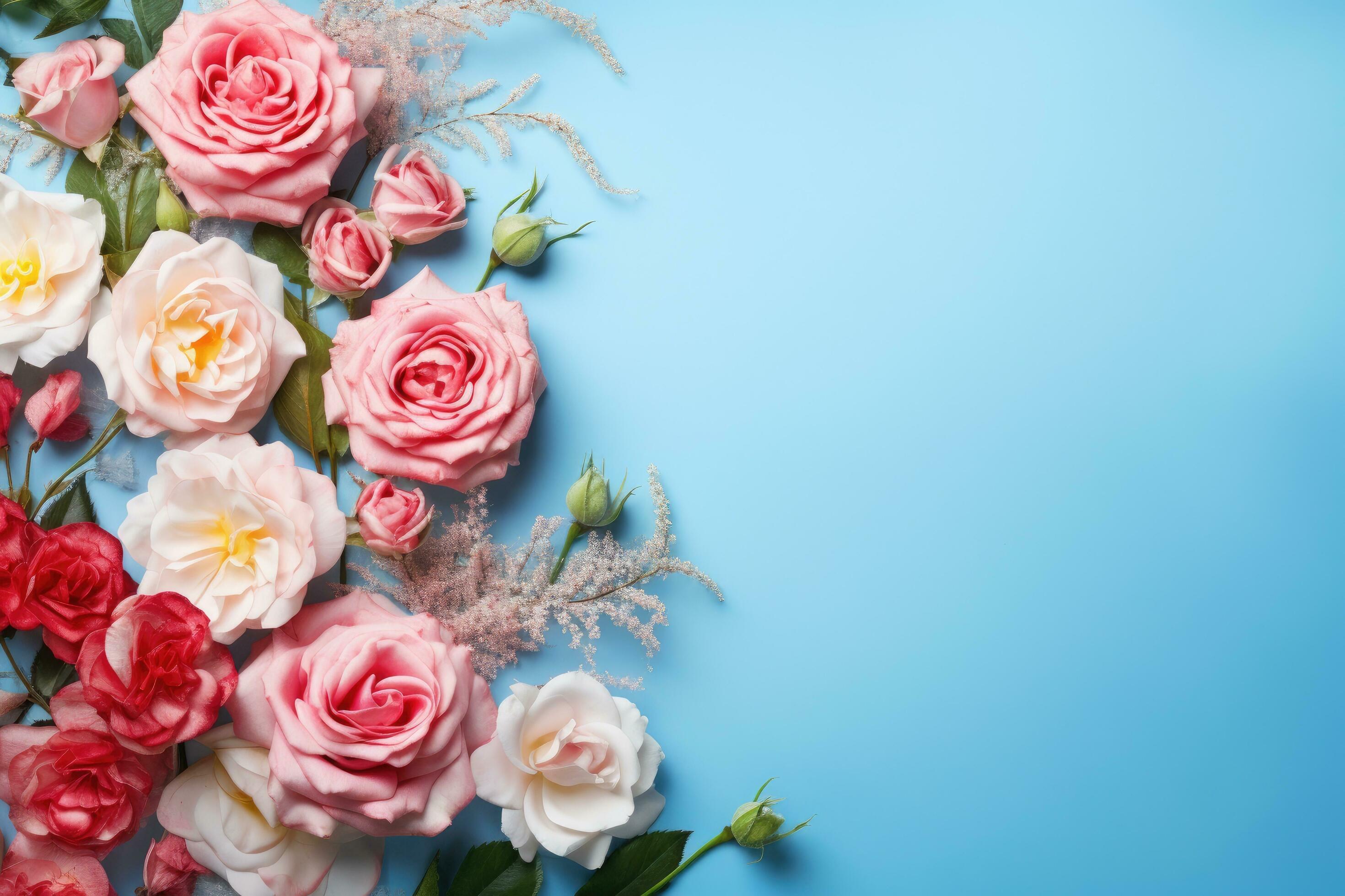 AI generated Flowers composition. Frame made of pink and white roses on