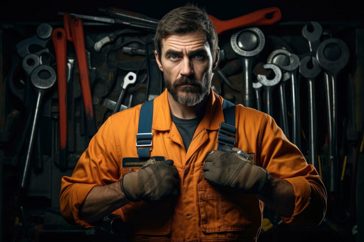 AI generated Portrait of a brutal mechanic in overalls with a wrench in his hand, Car mechanic holding wrench for car repair, AI Generated photo