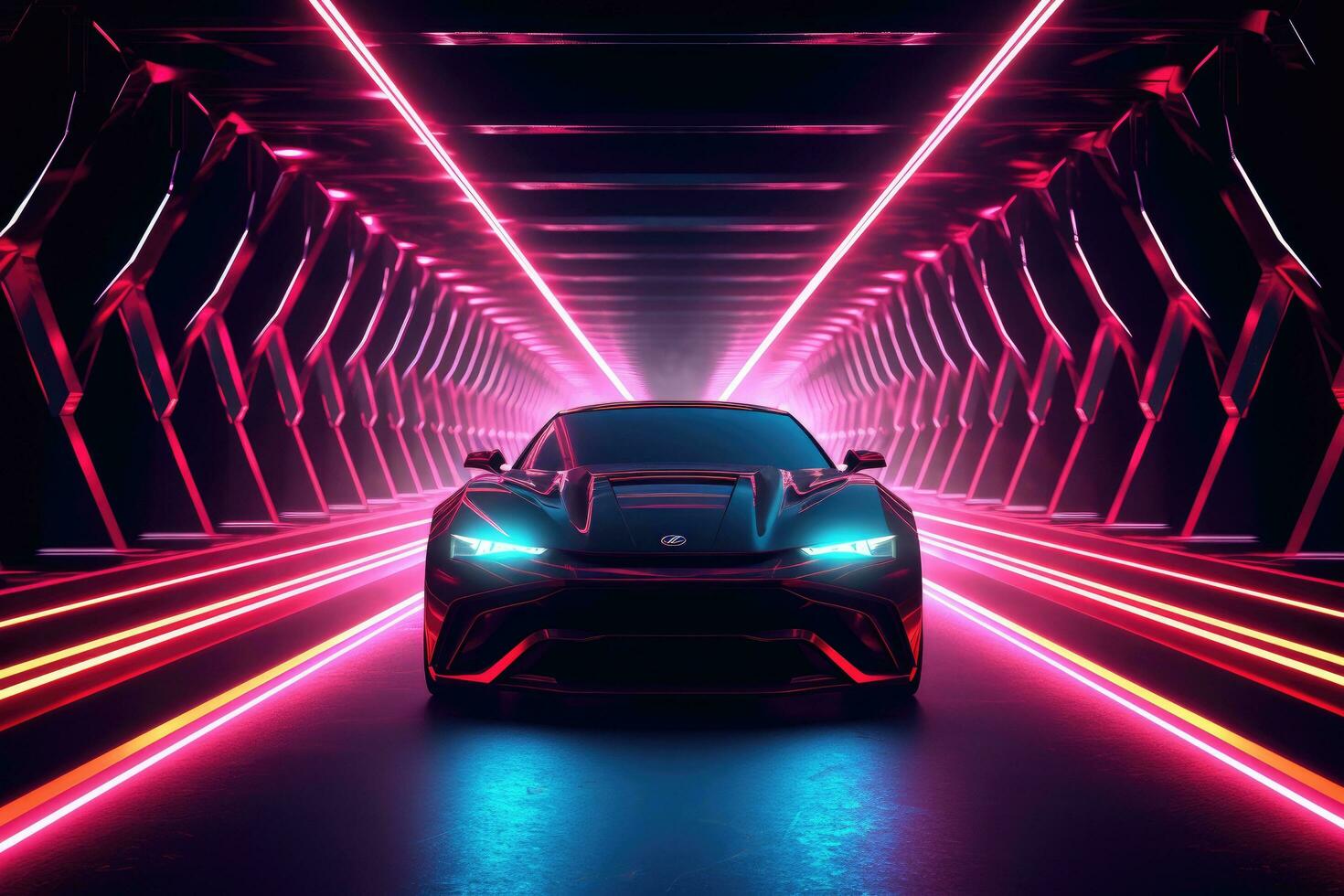 AI generated 3d rendering of a sports car in a tunnel with neon lights, Car in a tunnel with neon lighting, front view, AI Generated photo