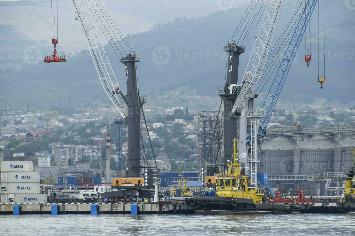 The international sea port of Novorossiysk. Port cranes and industrial objects. Marine Station. photo