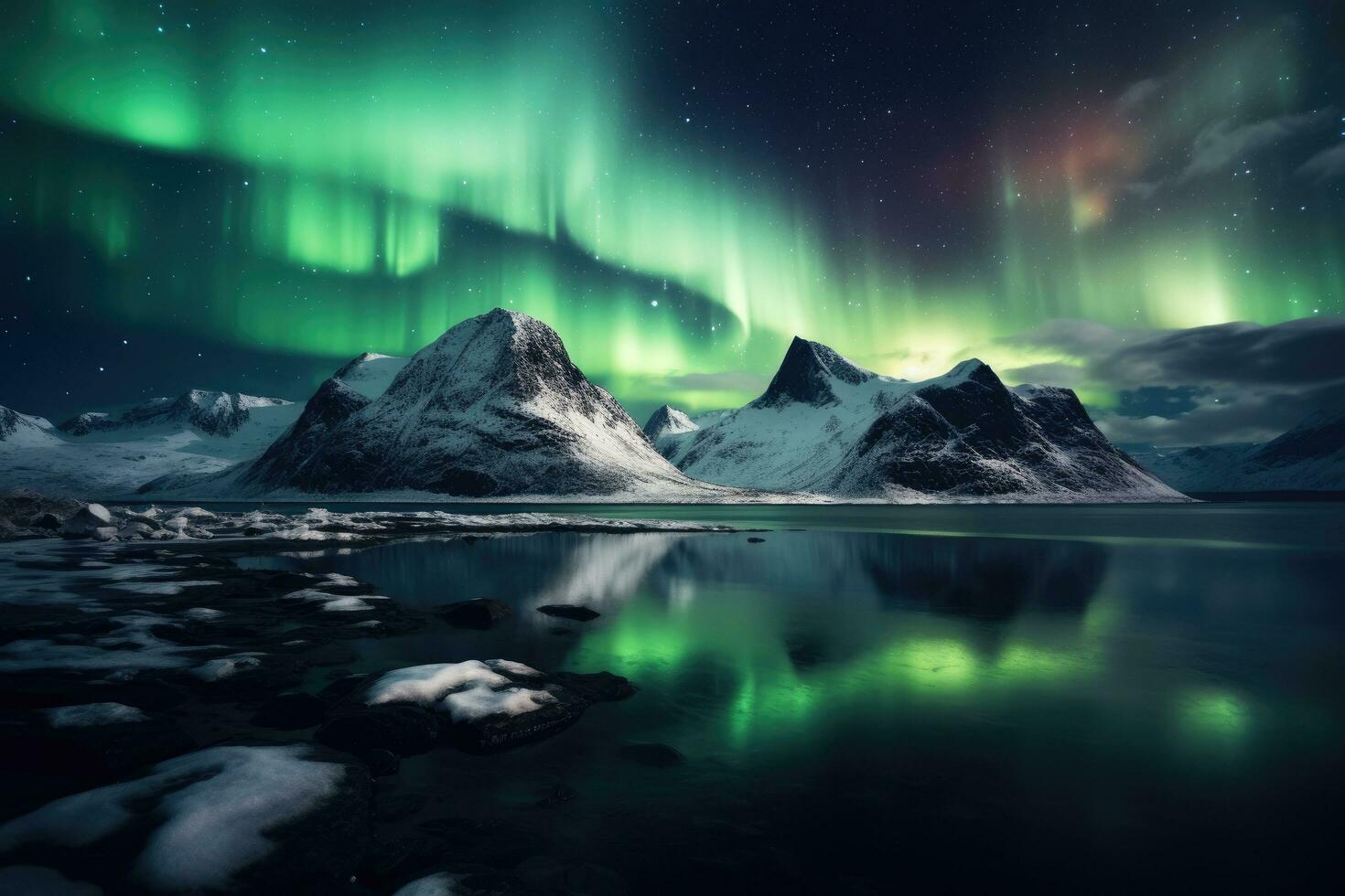 AI generated Aurora borealis, northern lights over mountains and lake, Northern Lights above mountains, AI Generated photo