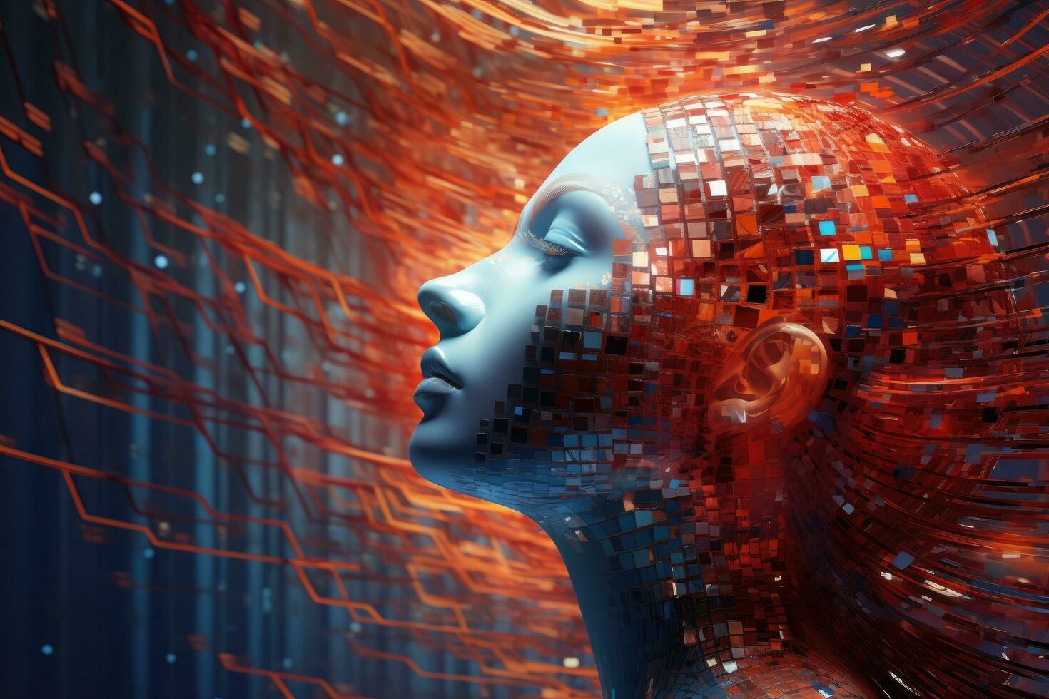 AI generated 3d rendering of human head with circuit board in cyberspace, AI Generated photo