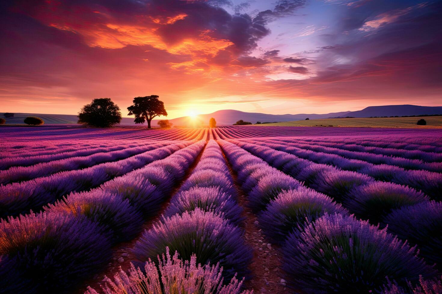 AI generated Sunset over lavender field in Provence, France, AI Generated photo