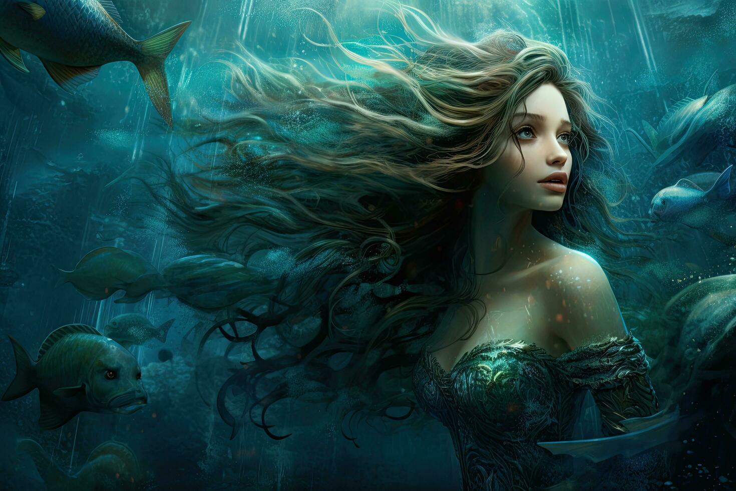 AI generated Beautiful mermaid in underwater world. Fantasy and imagination. 3D rendering, AI Generated photo