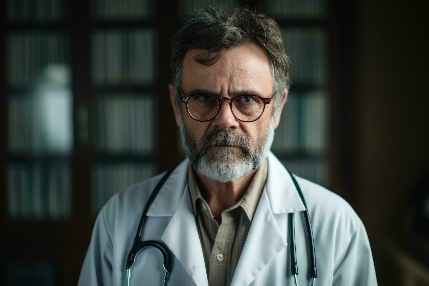 AI generated Portrait of senior doctor with stethoscope in his office, Portrait of a mature doctor with eyeglasses, AI Generated photo