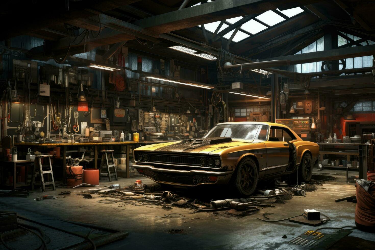 AI generated Abandoned yellow car in the garage. 3d rendering, Automotive repair shop, AI Generated photo