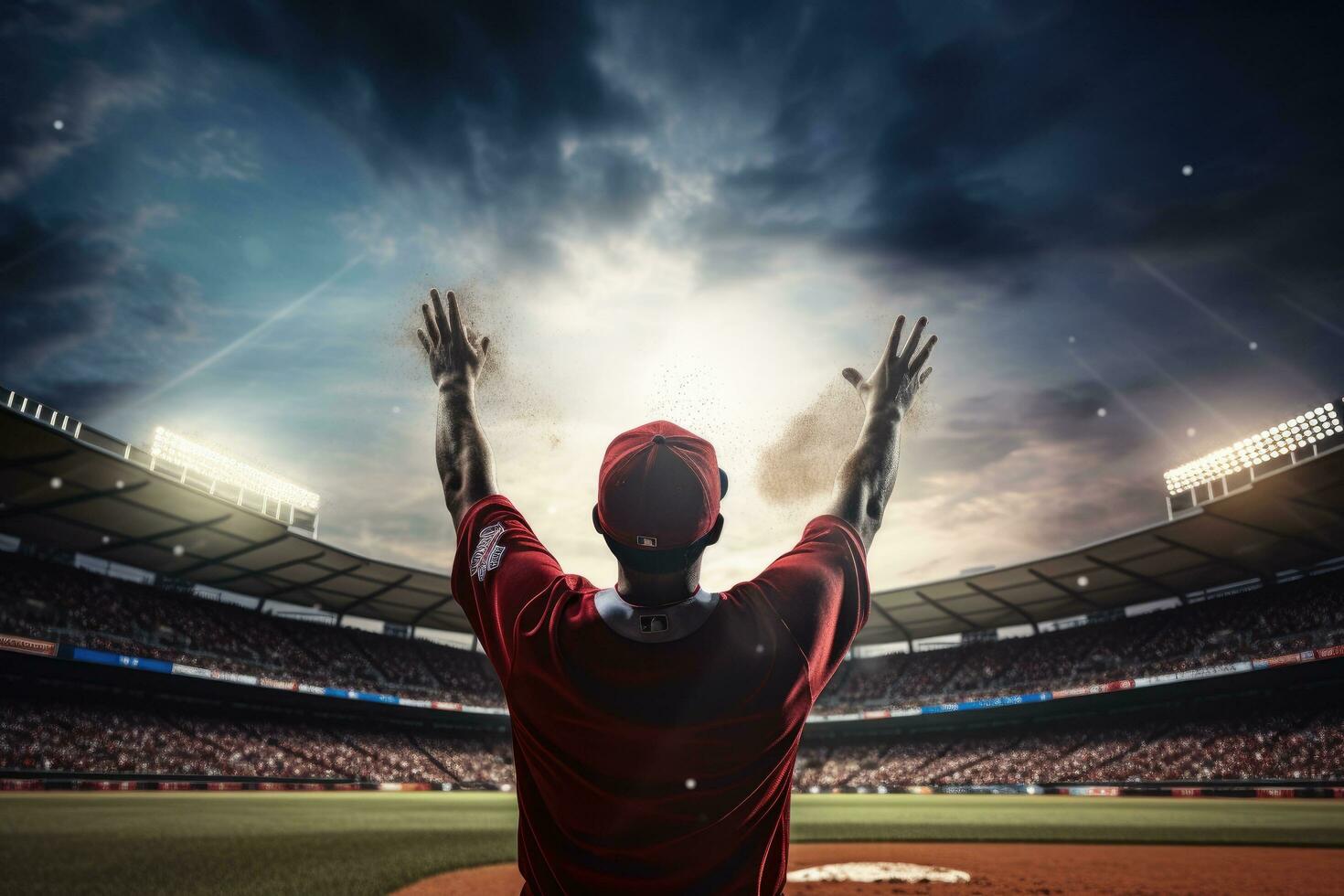 ai generado béisbol jugador en rojo uniforme en el estadio. 3d representación, posterior ver de un béisbol jugador lanzamiento el pelota en el profesional béisbol estadio, ai generado foto