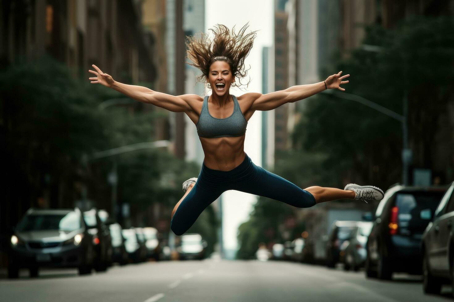 AI generated Beautiful sporty woman jumping in the city streets. Fitness and healthy lifestyle, A fitness girl jumping on the street with arms stretched out, displaying detailed muscles, AI Generated photo