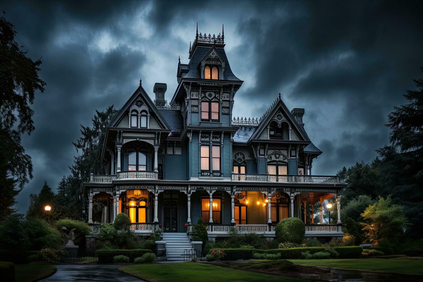 AI generated Halloween night scene with haunted old house. Horror Halloween concept, AI Generated photo