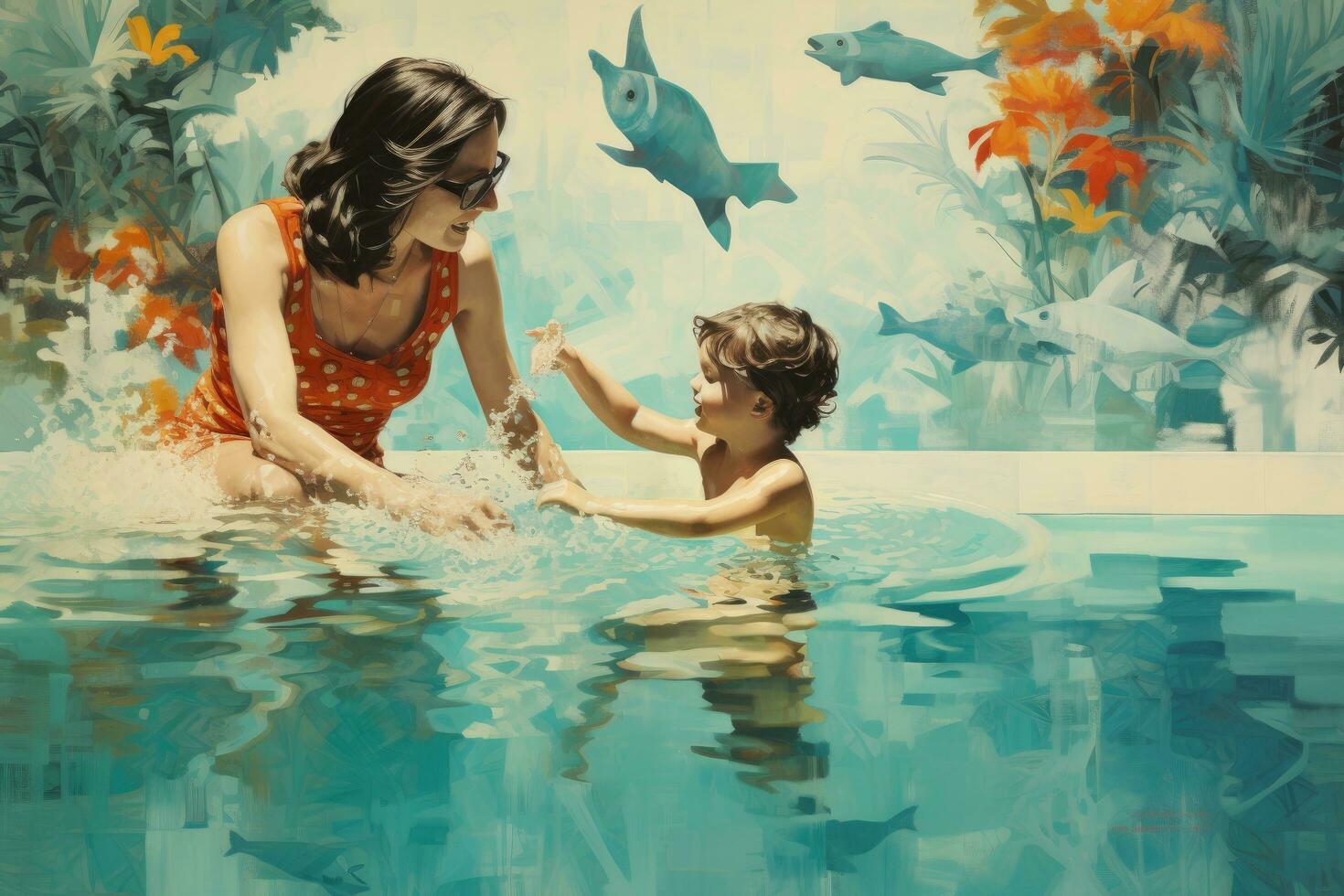 ai generado madre y hijo nadando en piscina. digital cuadro. ilustración, niño jugando en el piscina juntos con madre, ai generado foto